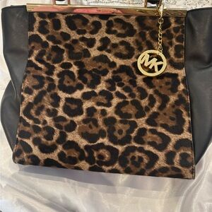 Michael Kors Leopard Calf Hair Tote Gold Chain MK Charm